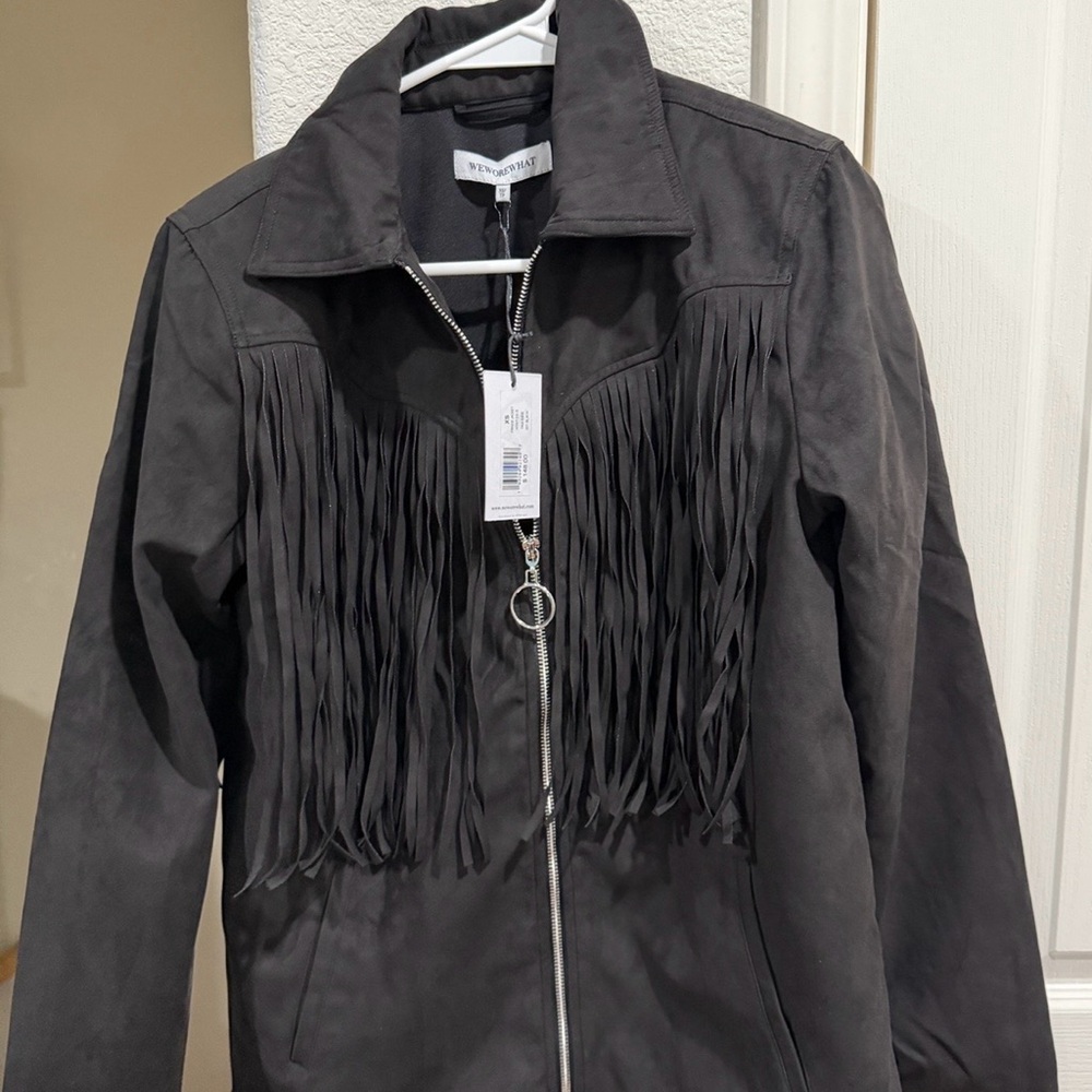 NWT WeWoreWhat Faux Suede Fringe Zip Jacket Black XS $148